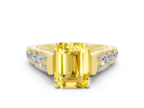 Yellow gold Emerald Cut Yellow Sapphire Classic Solitaire Ring with Pavé Band and Four-Prong Setting_12