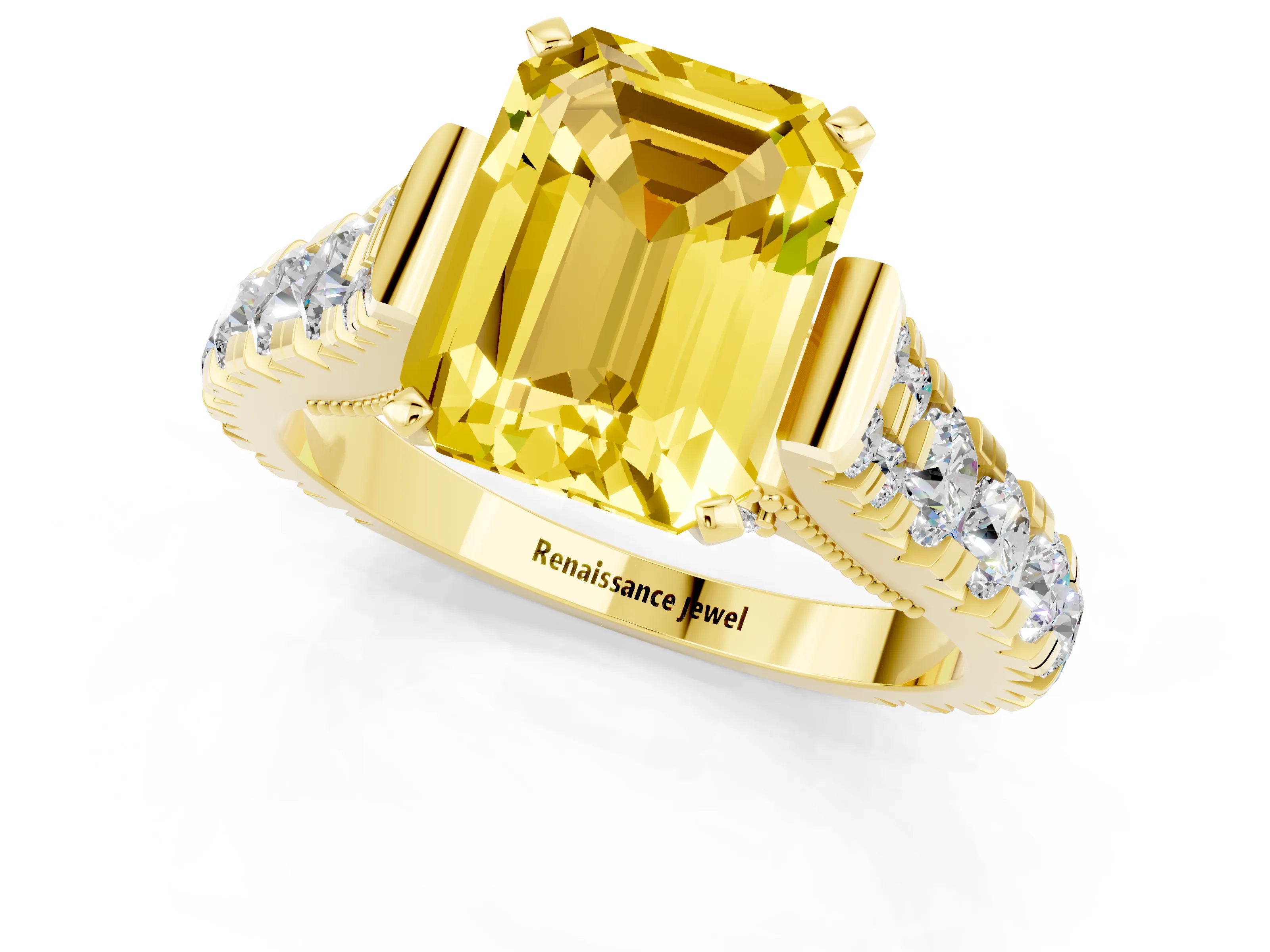 Yellow gold Emerald Cut Yellow Sapphire Classic Solitaire Ring with Pavé Band and Four-Prong Setting_13