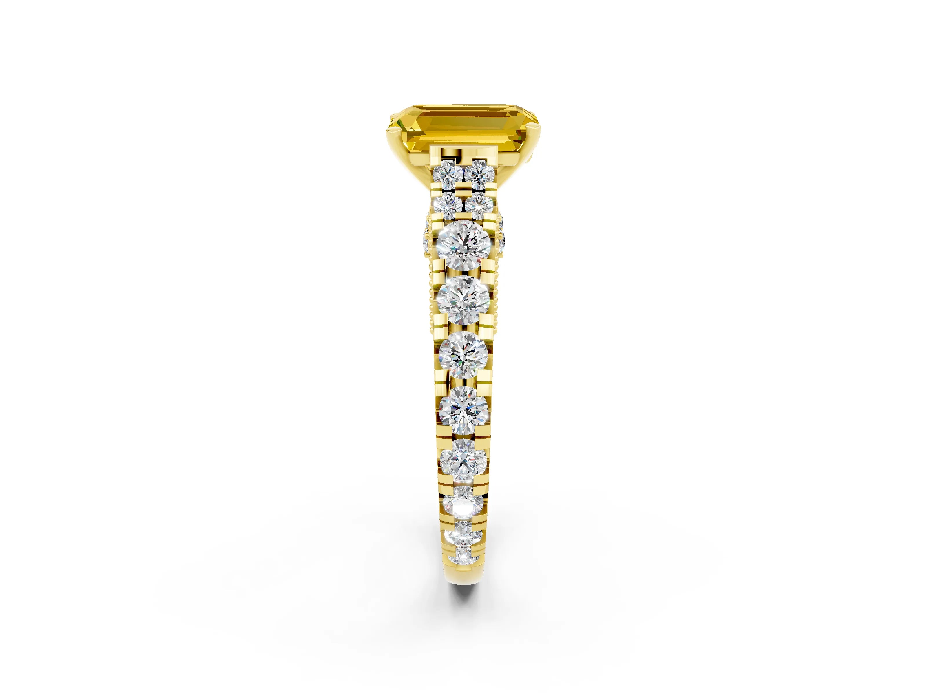 Yellow gold Emerald Cut Yellow Sapphire Classic Solitaire Ring with Pavé Band and Four-Prong Setting_14