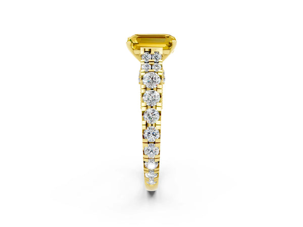 Yellow gold Emerald Cut Yellow Sapphire Classic Solitaire Ring with Pavé Band and Four-Prong Setting