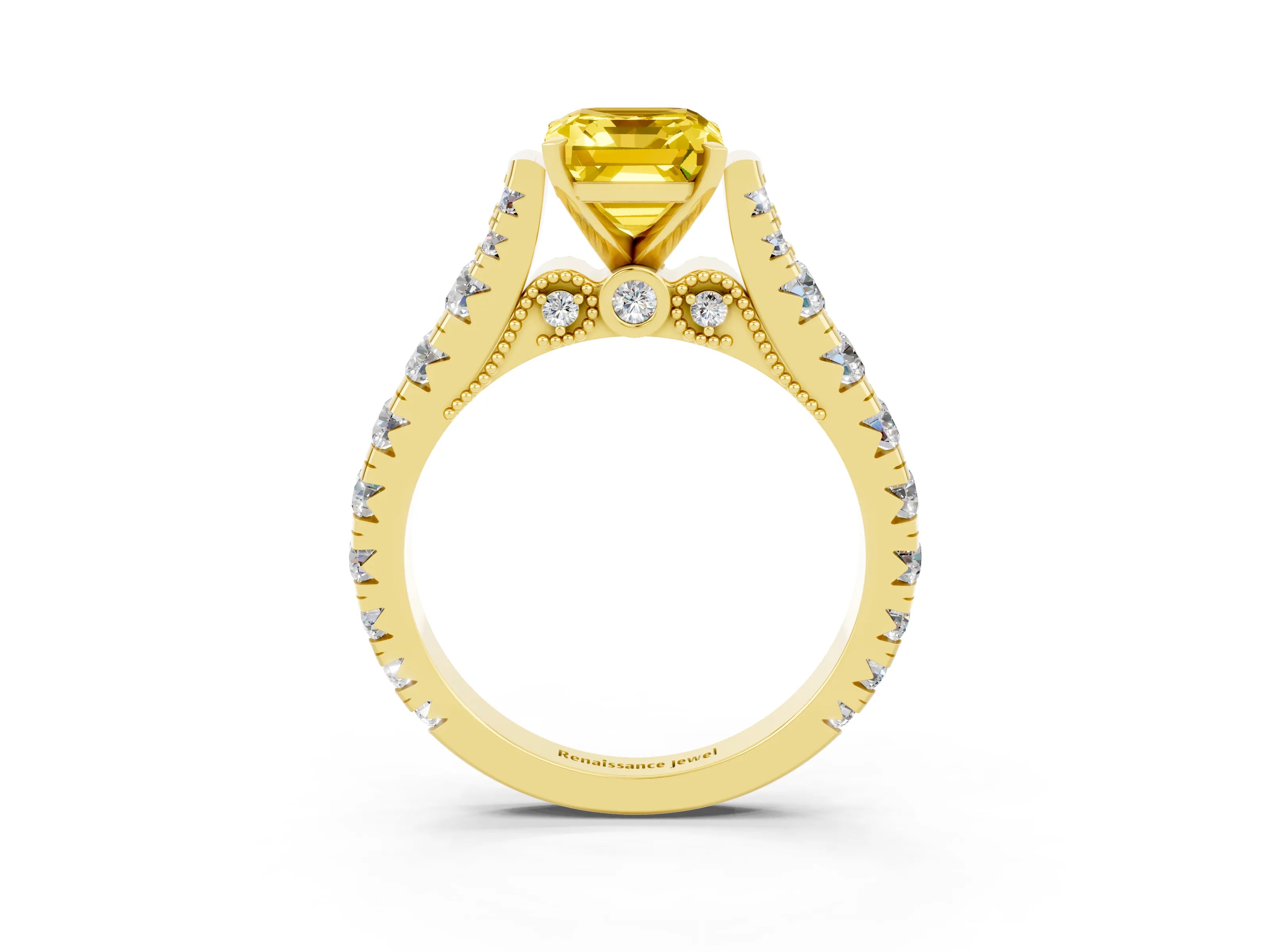 Yellow gold Emerald Cut Yellow Sapphire Classic Solitaire Ring with Pavé Band and Four-Prong Setting_15