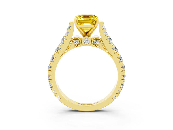 Yellow gold Emerald Cut Yellow Sapphire Classic Solitaire Ring with Pavé Band and Four-Prong Setting