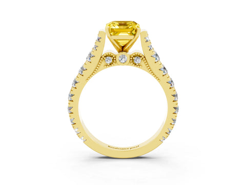 Yellow gold Emerald Cut Yellow Sapphire Classic Solitaire Ring with Pavé Band and Four-Prong Setting_15