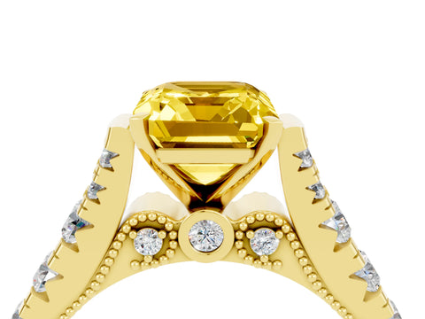 Yellow gold Emerald Cut Yellow Sapphire Classic Solitaire Ring with Pavé Band and Four-Prong Setting_16