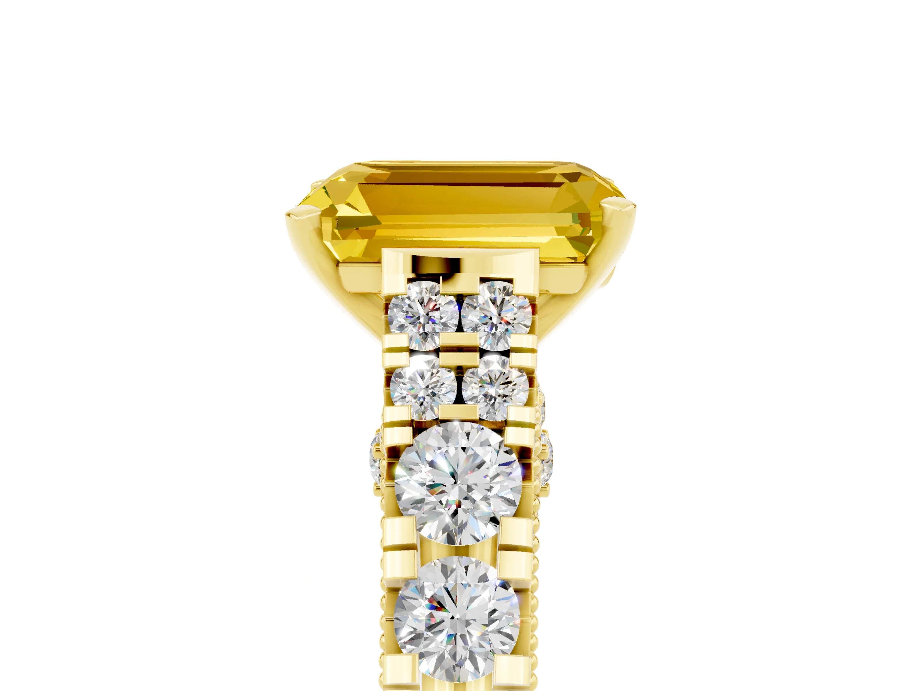 Yellow gold Emerald Cut Yellow Sapphire Classic Solitaire Ring with Pavé Band and Four-Prong Setting_17
