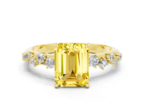 Yellow gold Emerald Cut Yellow Sapphire Cluster Side Stone Solitaire Ring with Prong Setting