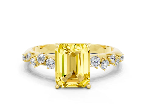 Yellow gold Emerald Cut Yellow Sapphire Cluster Side Stone Solitaire Ring with Prong Setting_48