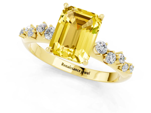 Yellow gold Emerald Cut Yellow Sapphire Cluster Side Stone Solitaire Ring with Prong Setting