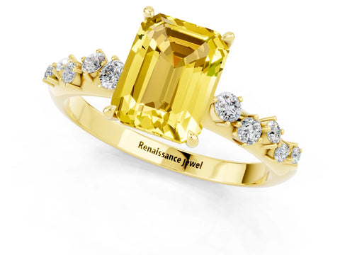 Yellow gold Emerald Cut Yellow Sapphire Cluster Side Stone Solitaire Ring with Prong Setting_49