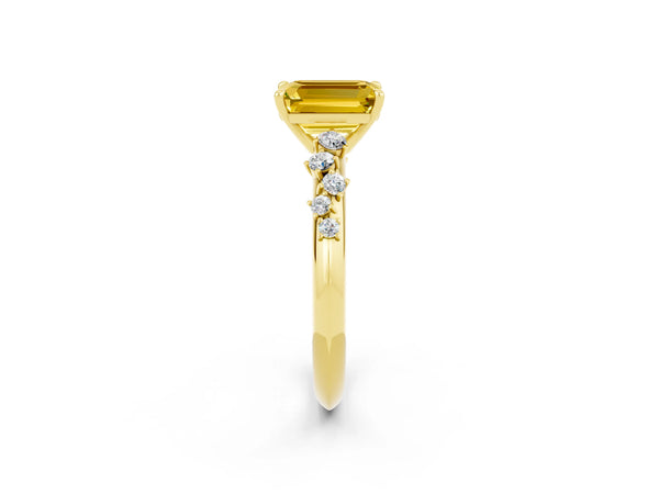 Yellow gold Emerald Cut Yellow Sapphire Cluster Side Stone Solitaire Ring with Prong Setting