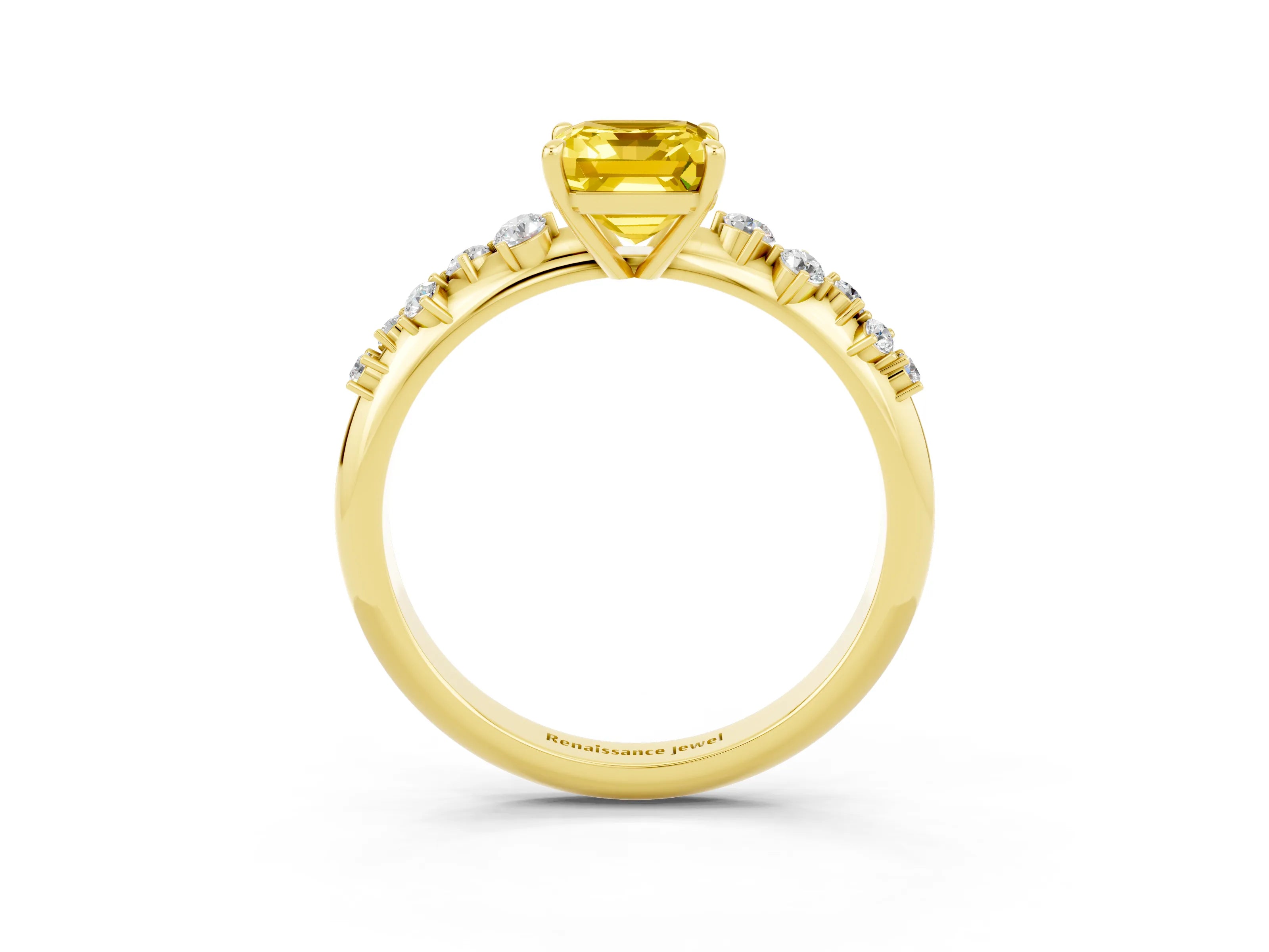 Yellow gold Emerald Cut Yellow Sapphire Cluster Side Stone Solitaire Ring with Prong Setting_51
