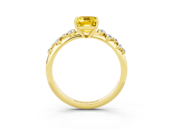 Yellow gold Emerald Cut Yellow Sapphire Cluster Side Stone Solitaire Ring with Prong Setting