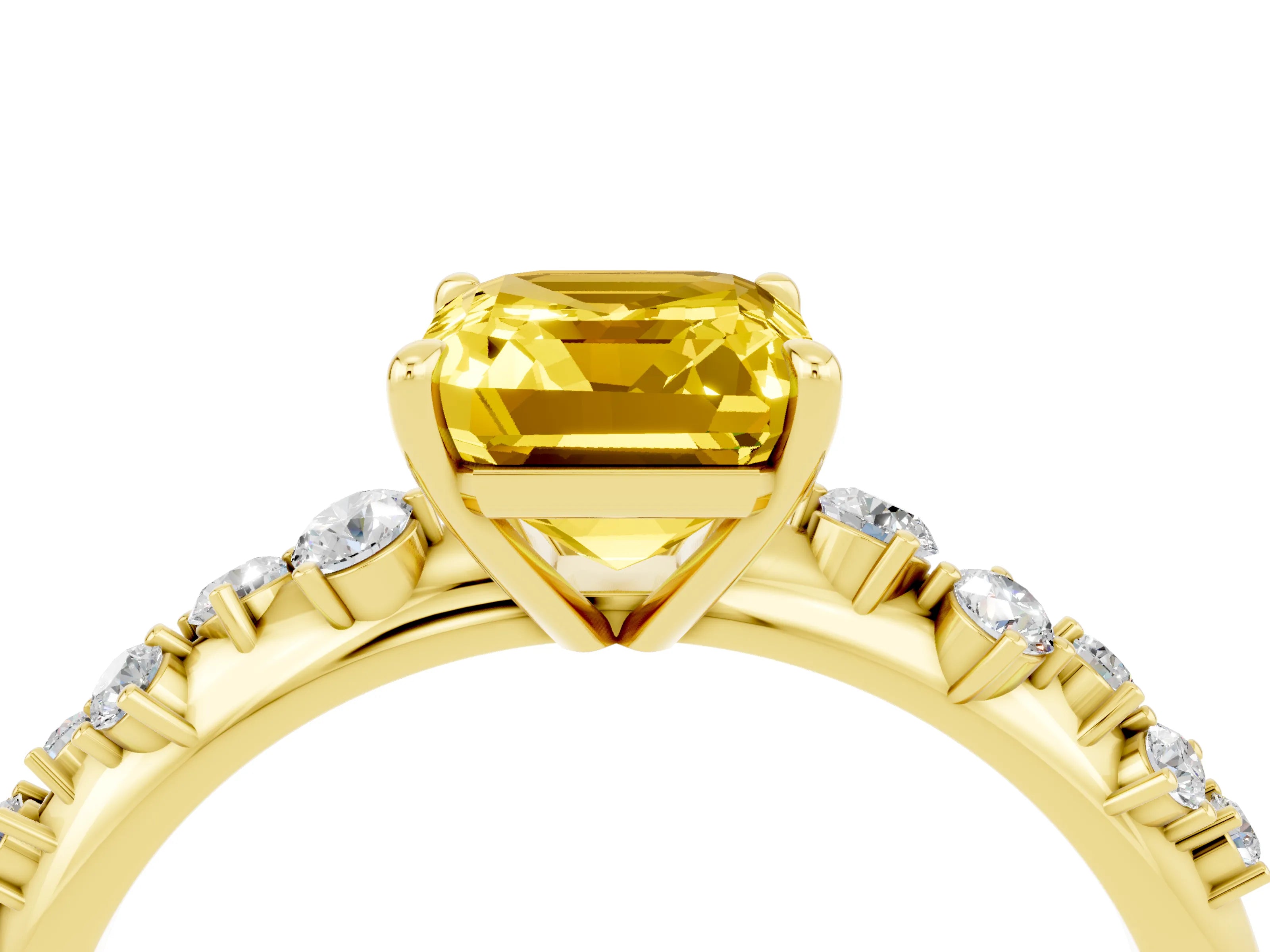 Yellow gold Emerald Cut Yellow Sapphire Cluster Side Stone Solitaire Ring with Prong Setting_52