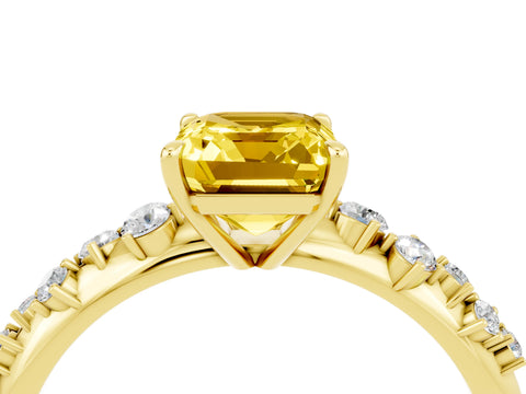Yellow gold Emerald Cut Yellow Sapphire Cluster Side Stone Solitaire Ring with Prong Setting_52