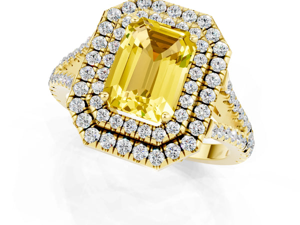 Yellow gold Emerald Cut Yellow Sapphire Double Halo Ring with Pavé Band and Prong Setting