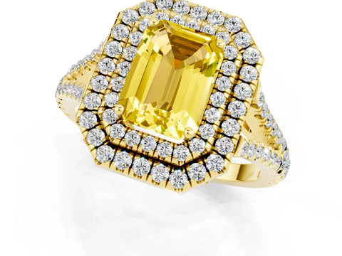 Yellow gold Emerald Cut Yellow Sapphire Double Halo Ring with Pavé Band and Prong Setting_13