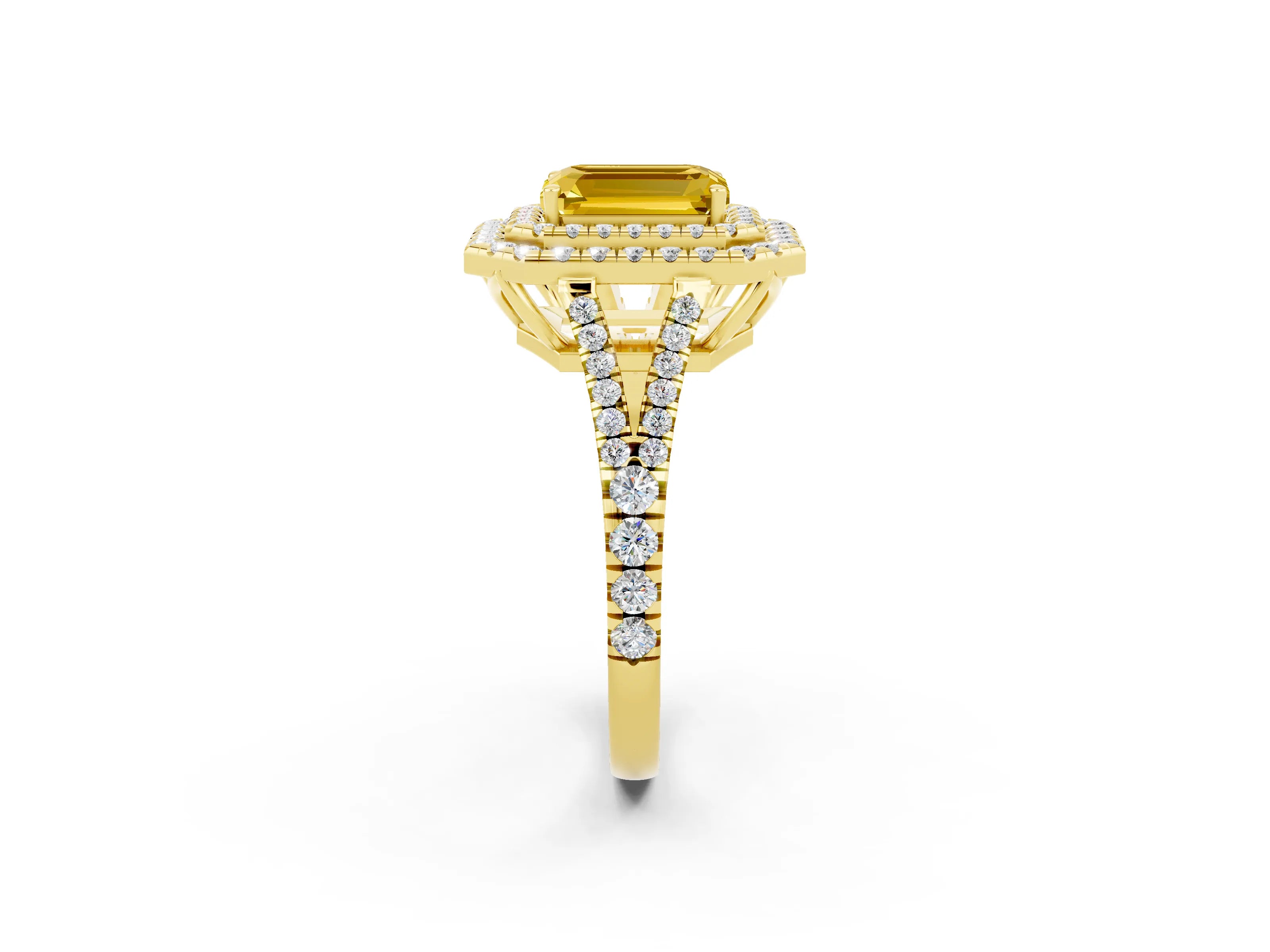 Yellow gold Emerald Cut Yellow Sapphire Double Halo Ring with Pavé Band and Prong Setting_14