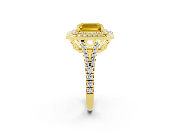 Yellow gold Emerald Cut Yellow Sapphire Double Halo Ring with Pavé Band and Prong Setting