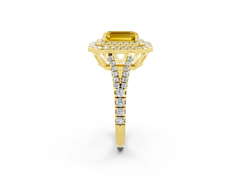 Yellow gold Emerald Cut Yellow Sapphire Double Halo Ring with Pavé Band and Prong Setting_14