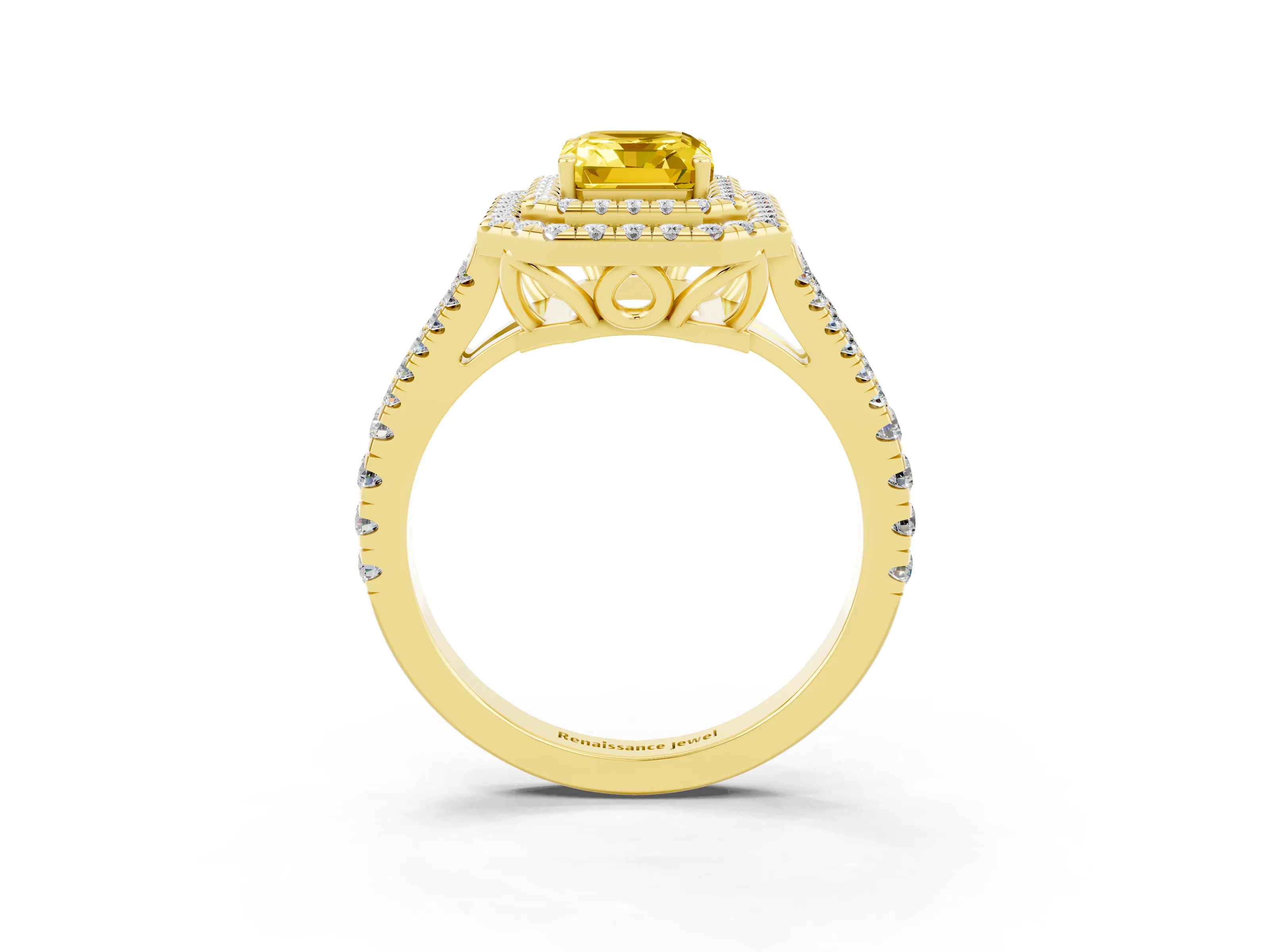 Yellow gold Emerald Cut Yellow Sapphire Double Halo Ring with Pavé Band and Prong Setting_15
