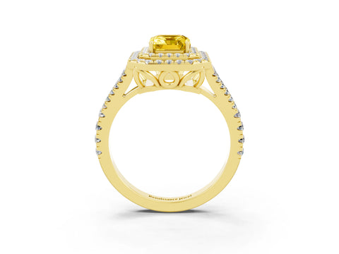 Yellow gold Emerald Cut Yellow Sapphire Double Halo Ring with Pavé Band and Prong Setting_15