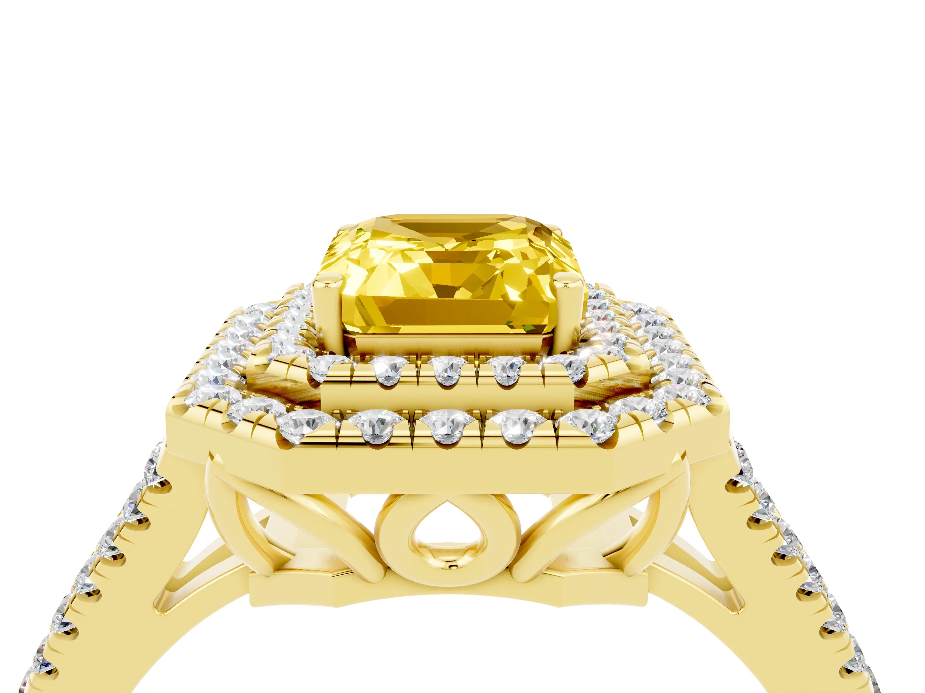 Yellow gold Emerald Cut Yellow Sapphire Double Halo Ring with Pavé Band and Prong Setting_16