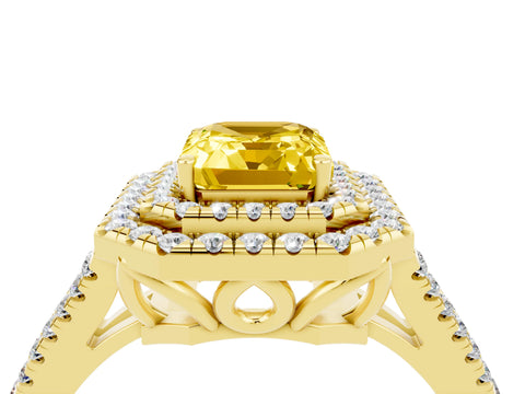 Yellow gold Emerald Cut Yellow Sapphire Double Halo Ring with Pavé Band and Prong Setting_16