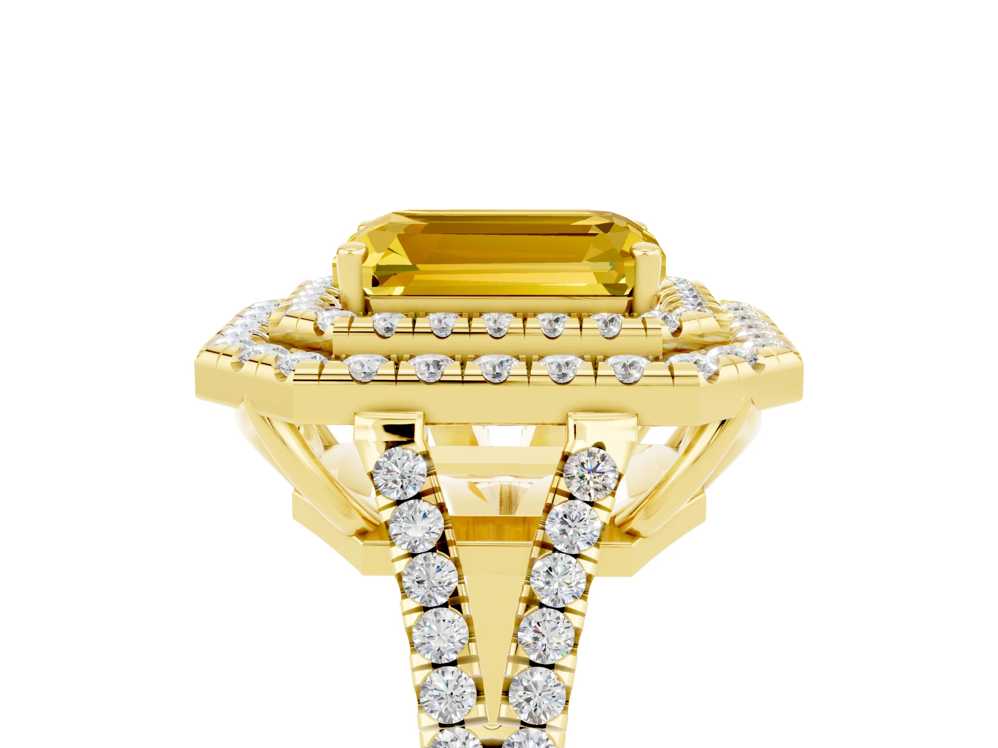 Yellow gold Emerald Cut Yellow Sapphire Double Halo Ring with Pavé Band and Prong Setting_17