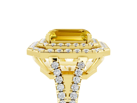 Yellow gold Emerald Cut Yellow Sapphire Double Halo Ring with Pavé Band and Prong Setting_17