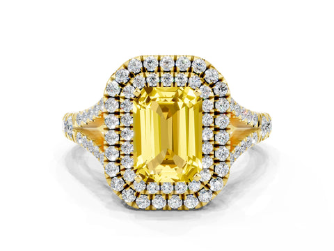 Yellow gold Emerald Cut Yellow Sapphire Double Halo Ring with Split Shank and Prong Setting_12