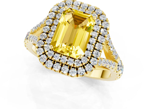 Yellow gold Emerald Cut Yellow Sapphire Double Halo Ring with Split Shank and Prong Setting_13