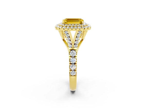 Yellow gold Emerald Cut Yellow Sapphire Double Halo Ring with Split Shank and Prong Setting