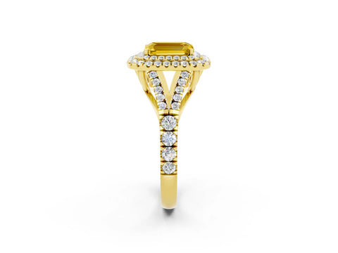 Yellow gold Emerald Cut Yellow Sapphire Double Halo Ring with Split Shank and Prong Setting_14