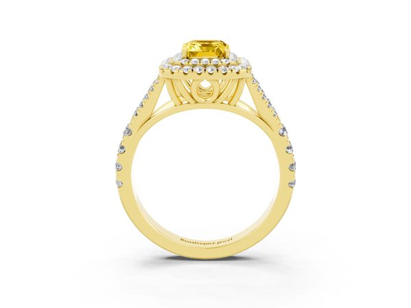 Yellow gold Emerald Cut Yellow Sapphire Double Halo Ring with Split Shank and Prong Setting