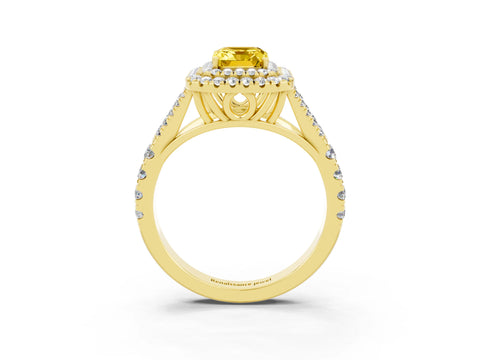Yellow gold Emerald Cut Yellow Sapphire Double Halo Ring with Split Shank and Prong Setting_15