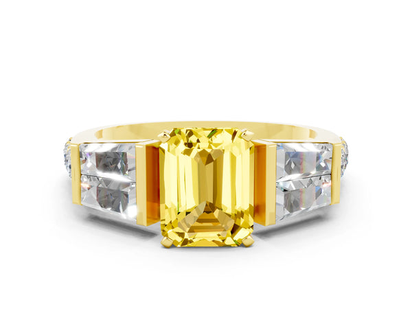 Yellow gold Emerald Cut Yellow Sapphire Engagement Ring with Baguette Side Stones and Channel Set Band
