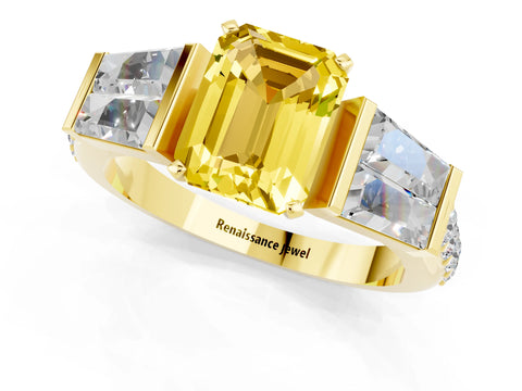Yellow gold Emerald Cut Yellow Sapphire Engagement Ring with Baguette Side Stones and Channel Set Band_1