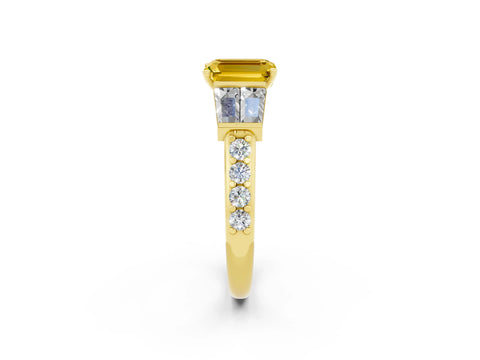 Yellow gold Emerald Cut Yellow Sapphire Engagement Ring with Baguette Side Stones and Channel Set Band_2