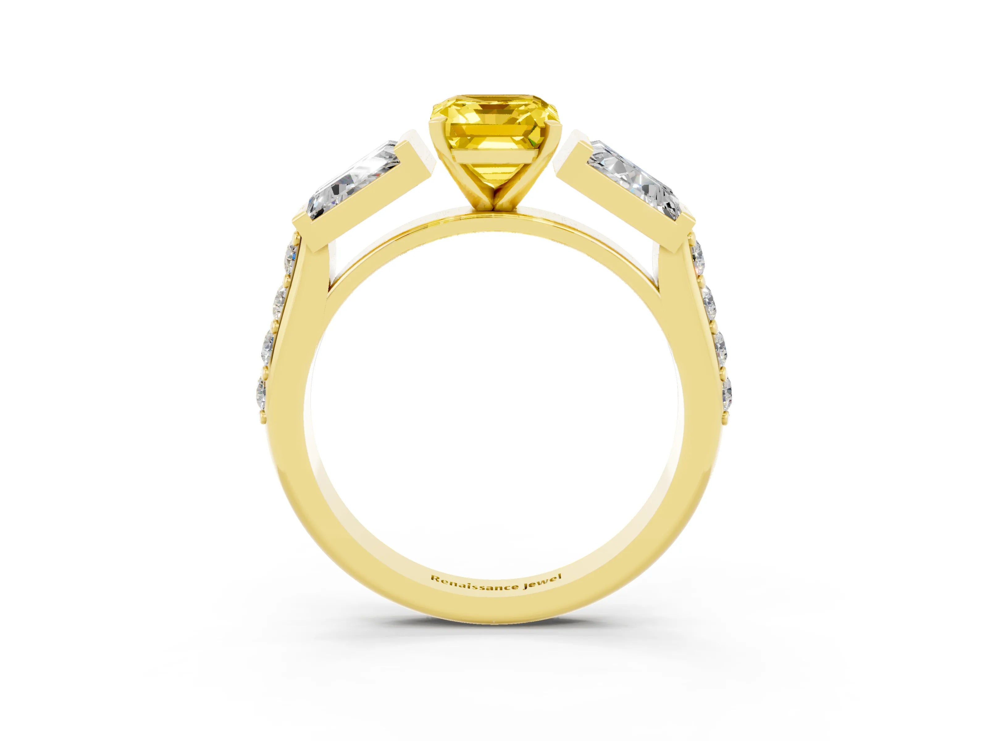 Yellow gold Emerald Cut Yellow Sapphire Engagement Ring with Baguette Side Stones and Channel Set Band_3