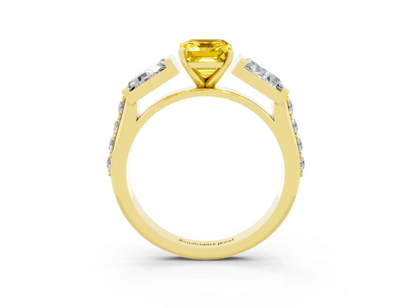Yellow gold Emerald Cut Yellow Sapphire Engagement Ring with Baguette Side Stones and Channel Set Band