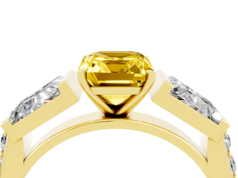 Yellow gold Emerald Cut Yellow Sapphire Engagement Ring with Baguette Side Stones and Channel Set Band_4
