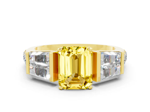Yellow gold Emerald Cut Yellow Sapphire Engagement Ring with Baguette Side Stones and Channel Set Band