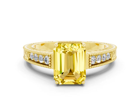 Yellow gold Emerald Cut Yellow Sapphire Engagement Ring with Milgrain Channel Set Band and Prong Setting_24