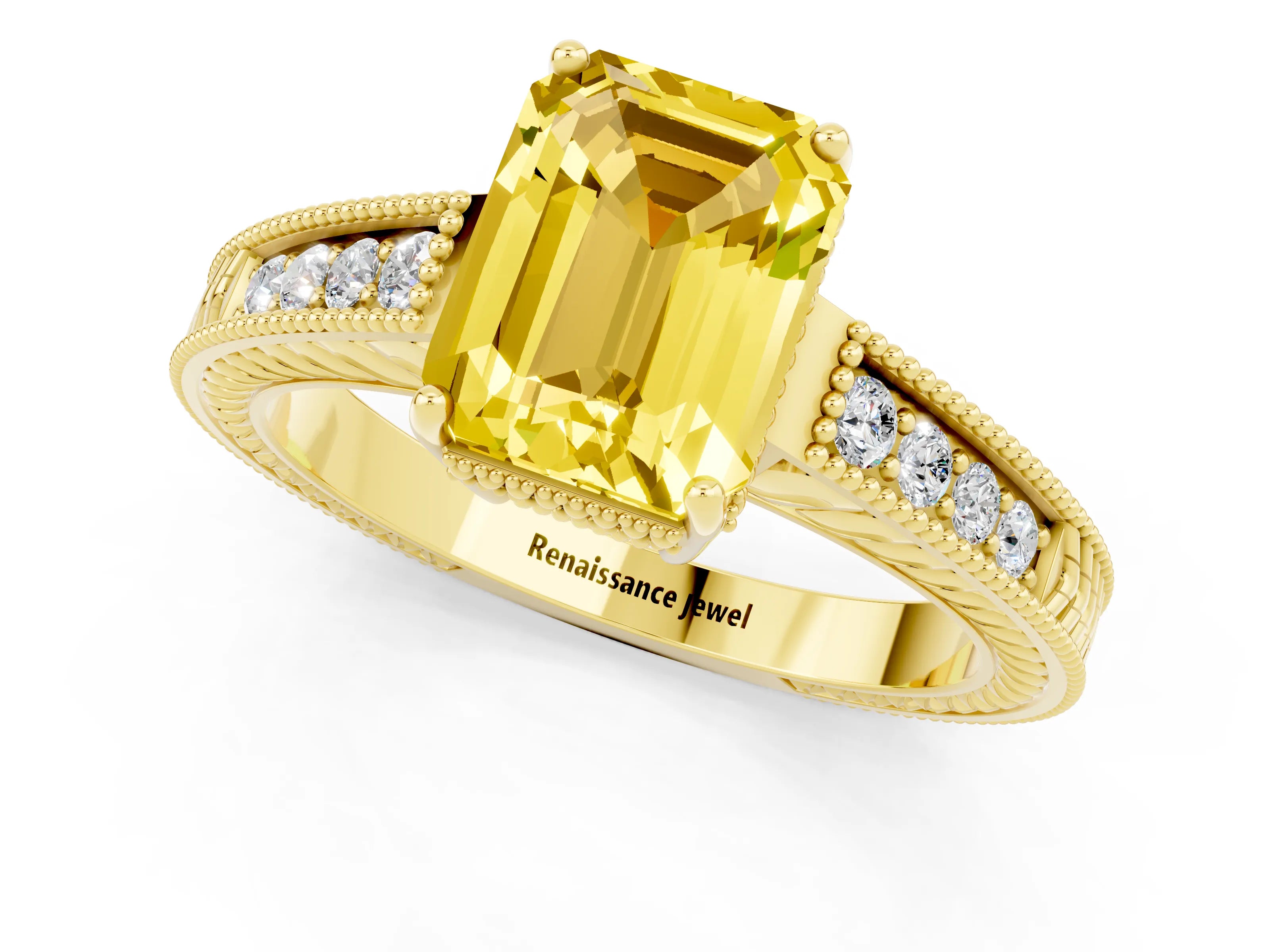 Yellow gold Emerald Cut Yellow Sapphire Engagement Ring with Milgrain Channel Set Band and Prong Setting_25
