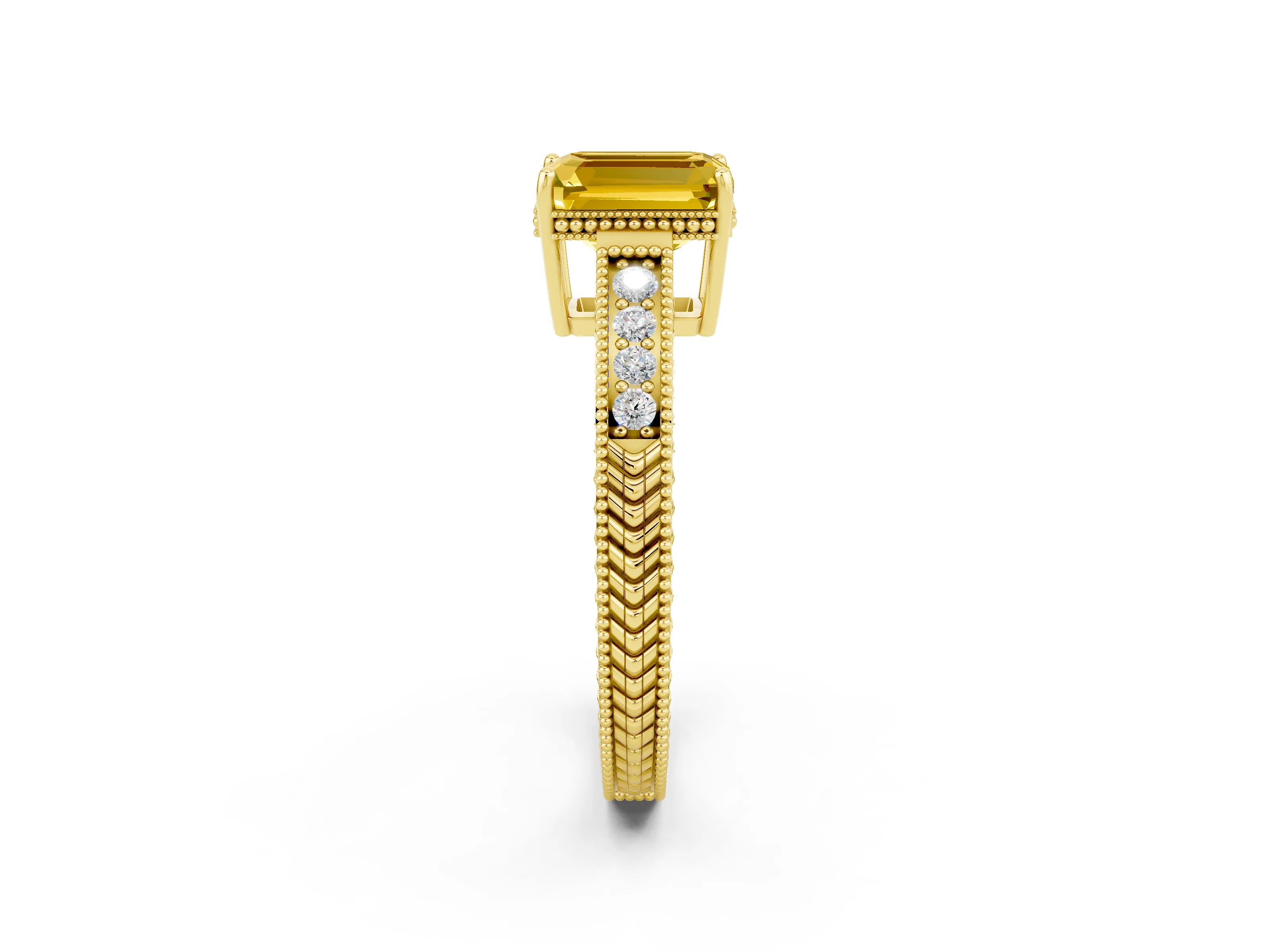 Yellow gold Emerald Cut Yellow Sapphire Engagement Ring with Milgrain Channel Set Band and Prong Setting_26