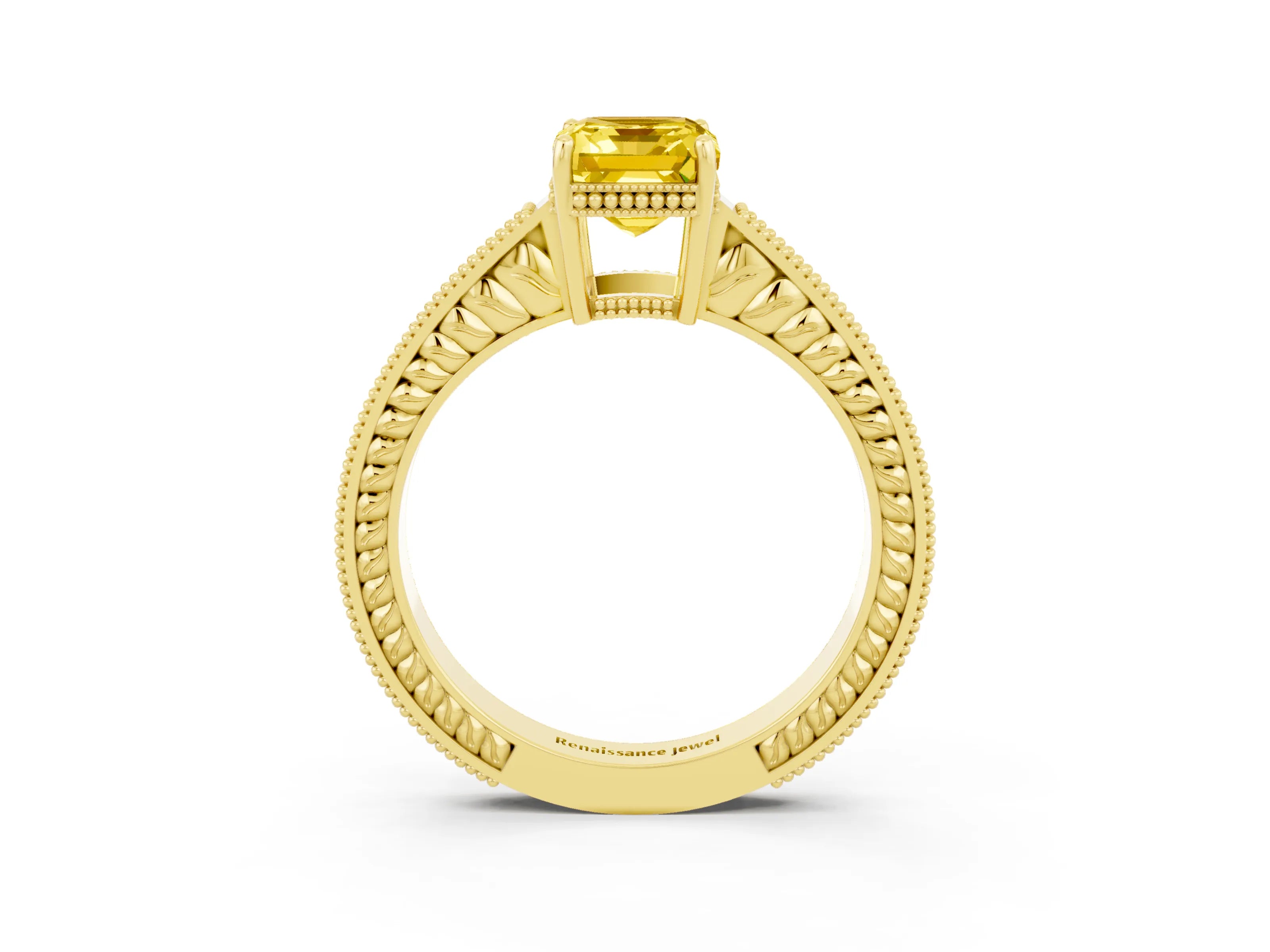 Yellow gold Emerald Cut Yellow Sapphire Engagement Ring with Milgrain Channel Set Band and Prong Setting_27