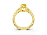 Yellow gold Emerald Cut Yellow Sapphire Engagement Ring with Milgrain Channel Set Band and Prong Setting_27