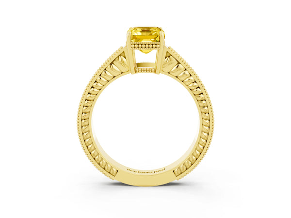 Yellow gold Emerald Cut Yellow Sapphire Engagement Ring with Milgrain Channel Set Band and Prong Setting