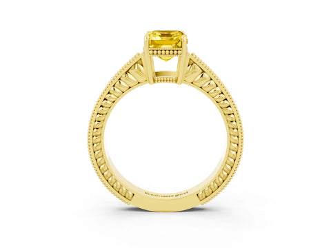 Yellow gold Emerald Cut Yellow Sapphire Engagement Ring with Milgrain Channel Set Band and Prong Setting_27