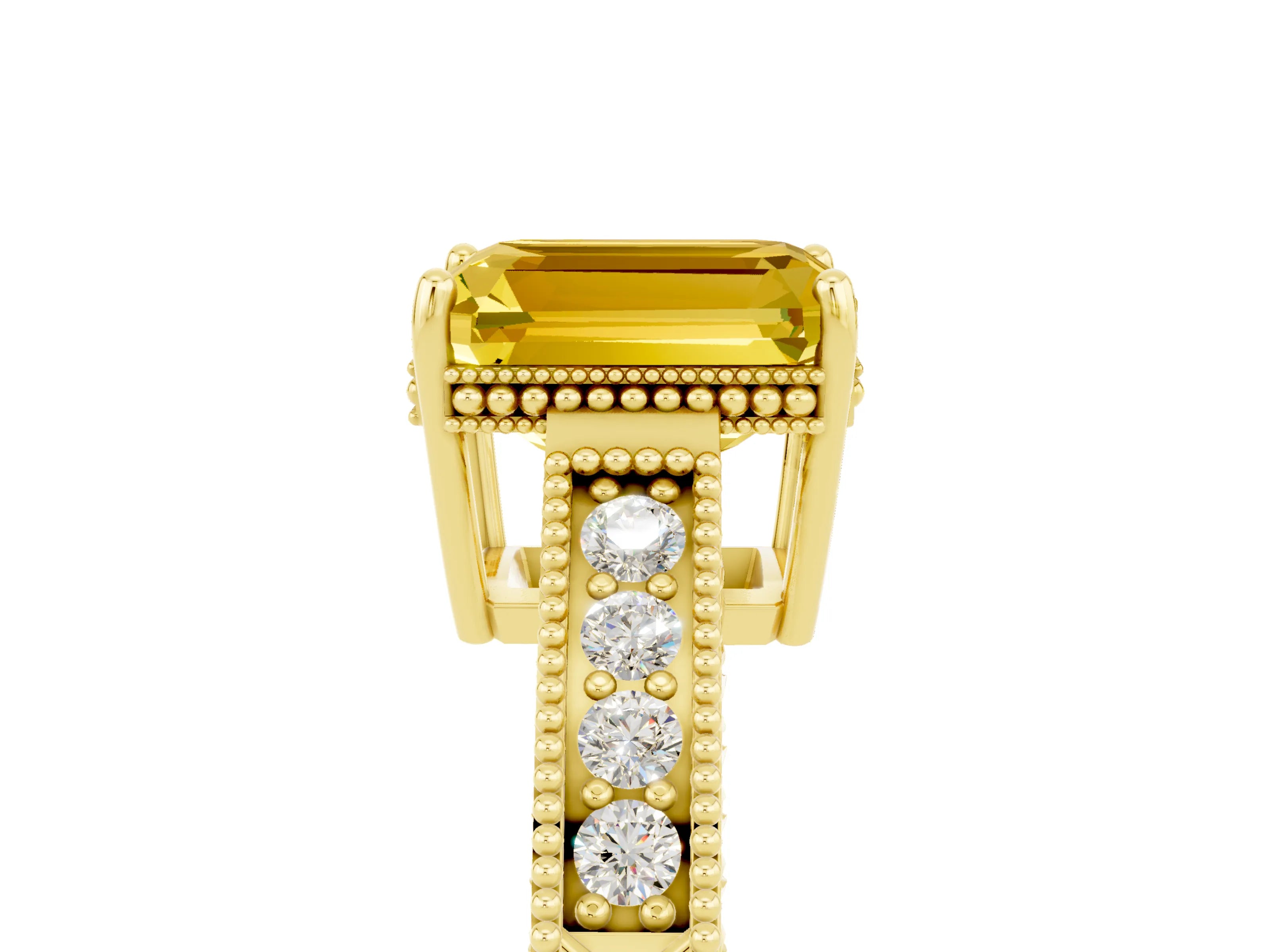 Yellow gold Emerald Cut Yellow Sapphire Engagement Ring with Milgrain Channel Set Band and Prong Setting_29